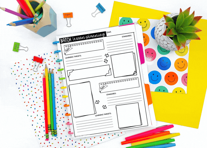 Colorful layout of a lesson planning sheet titled 'BATCH lesson planning Unit' surrounded by stationery items including colored pencils, paper clips, sticky notes, and a small potted plant.
