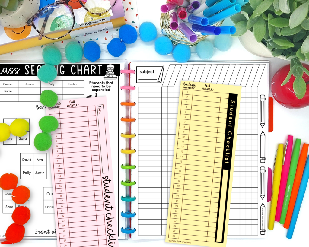 An organizational workspace featuring a class seating chart, a student checklist, colorful pom poms, pens, and a small plant.