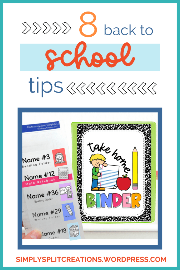 Graphic featuring '8 back to school tips' with a colorful design; includes a checklist with labeled sections for school supplies like folders and a 'take home binder' illustration.