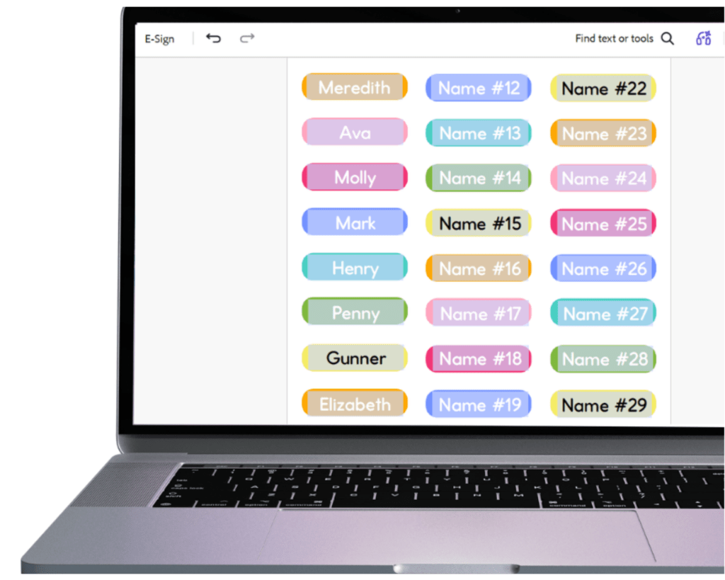 A laptop screen displaying a list of names and placeholders labeled 'Name #' in various colors, organized in rows.