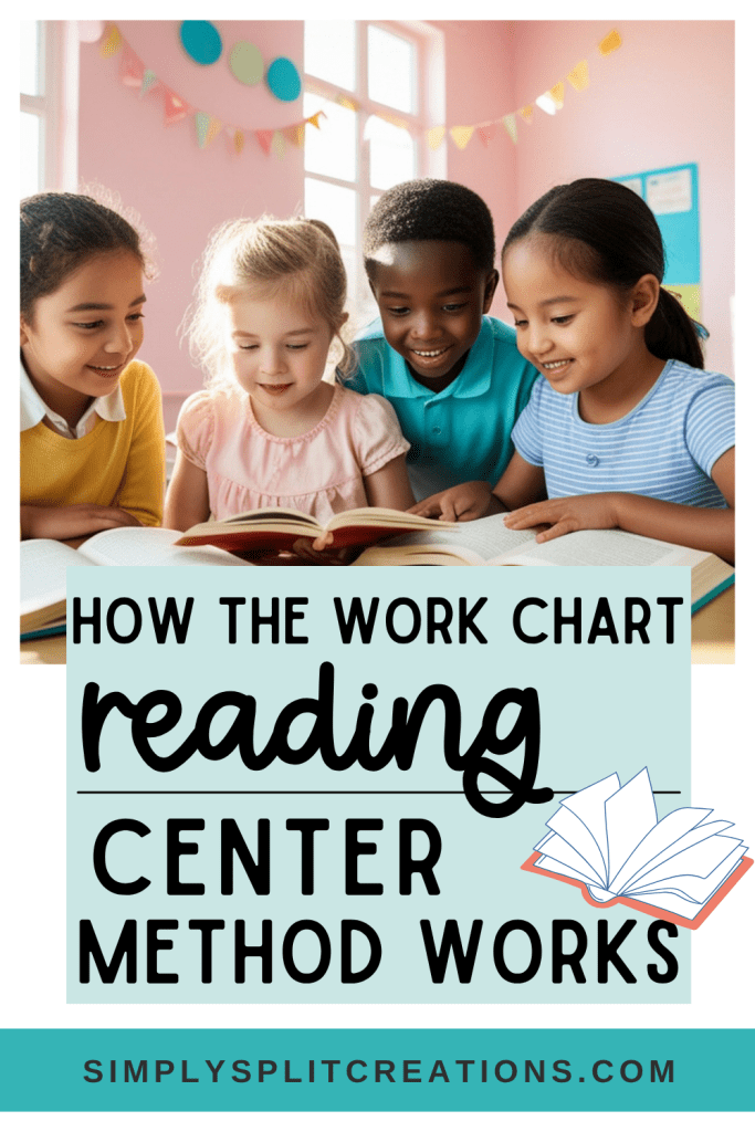Four children gathered around a book, smiling and engaging in reading activities in a colorful, bright classroom.