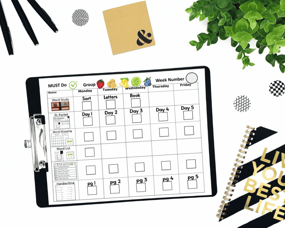 A clipboard with a weekly planner layout, including sections for daily tasks from Monday to Friday, featuring checkboxes for Word Study, EL Packet, Word Mapping, and Handwriting. Surrounding items include pens, decorative washi tape, and a spiral notebook with an inspirational quote.