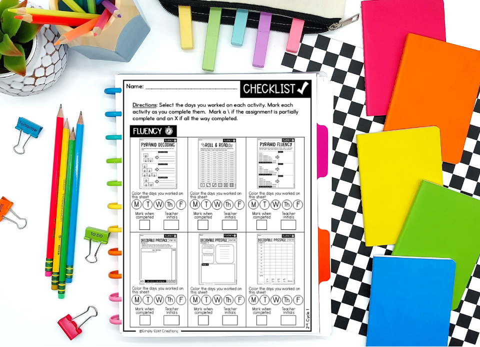 A colorful checklist page titled 'CHECKLIST' with sections for fluency activities, including 'Pyramid Decoding' and 'Roll & Read'. The checklist has designated spaces to mark the days worked on each activity. Surrounding the checklist are various school supplies, including colored pencils, sticky notes, paper clips, and a plant.