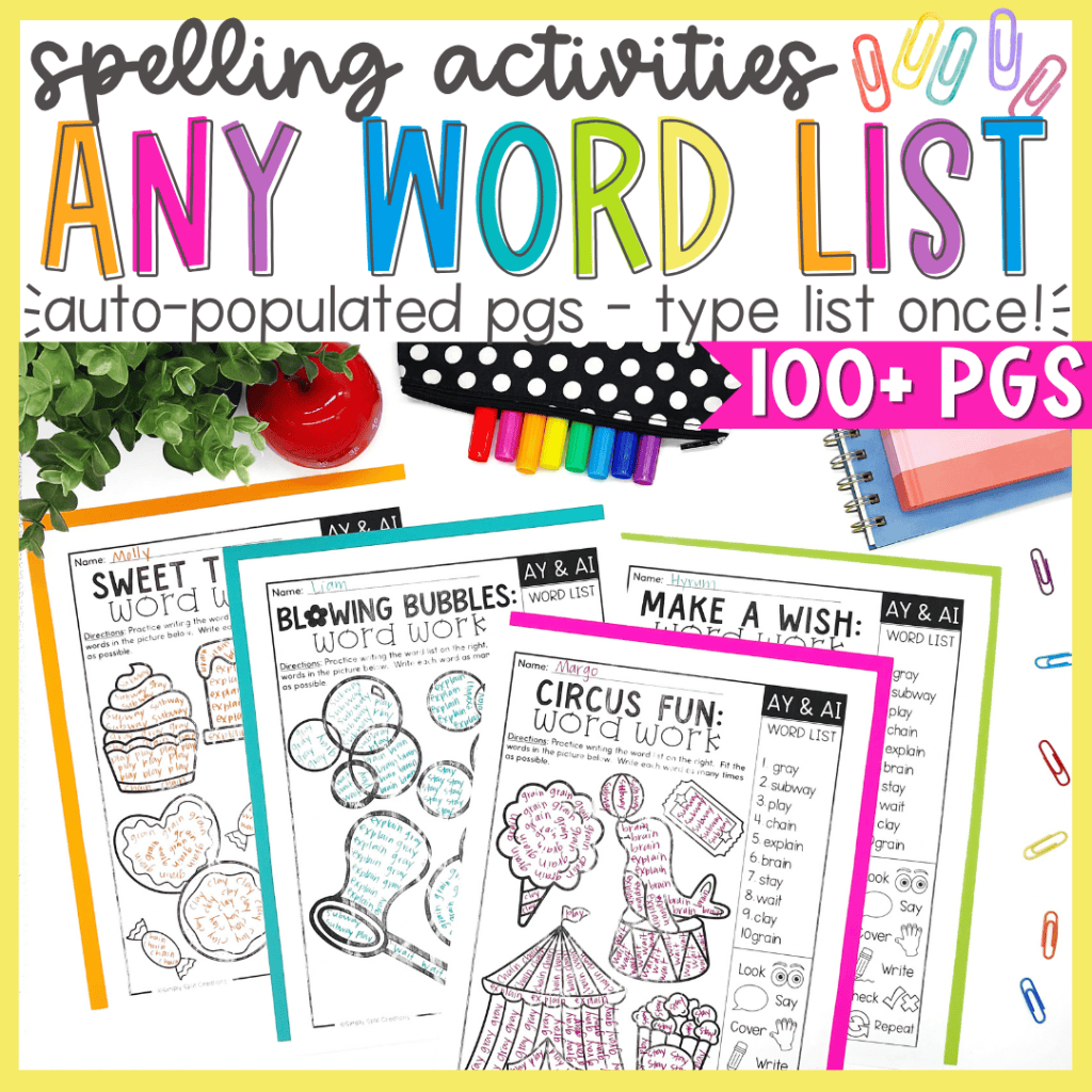 A colorful display of spelling activity worksheets featuring various themes like sweets, bubbles, and circus fun, surrounded by colorful markers, paper clips, and notebooks.