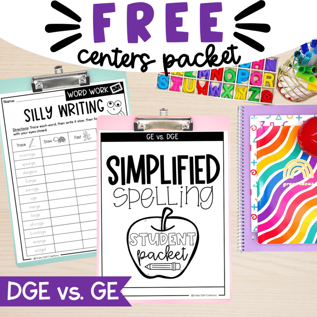 An assortment of educational materials including a clipboard with a word work sheet titled 'Silly Writing', a second clipboard featuring 'GE vs. DGE' with 'Simplified Spelling', colorful letter blocks, and various themed notebooks and stationery.