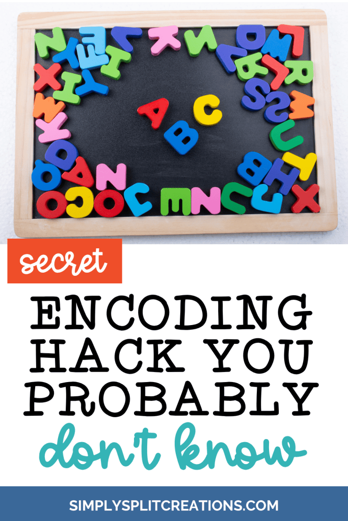 Colorful plastic letters arranged around a chalkboard with text overlay about an encoding hack.